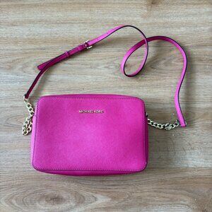 Michael Kors Jet Set Travel Crossbody Saffiano Leather Purse Pink Large Size